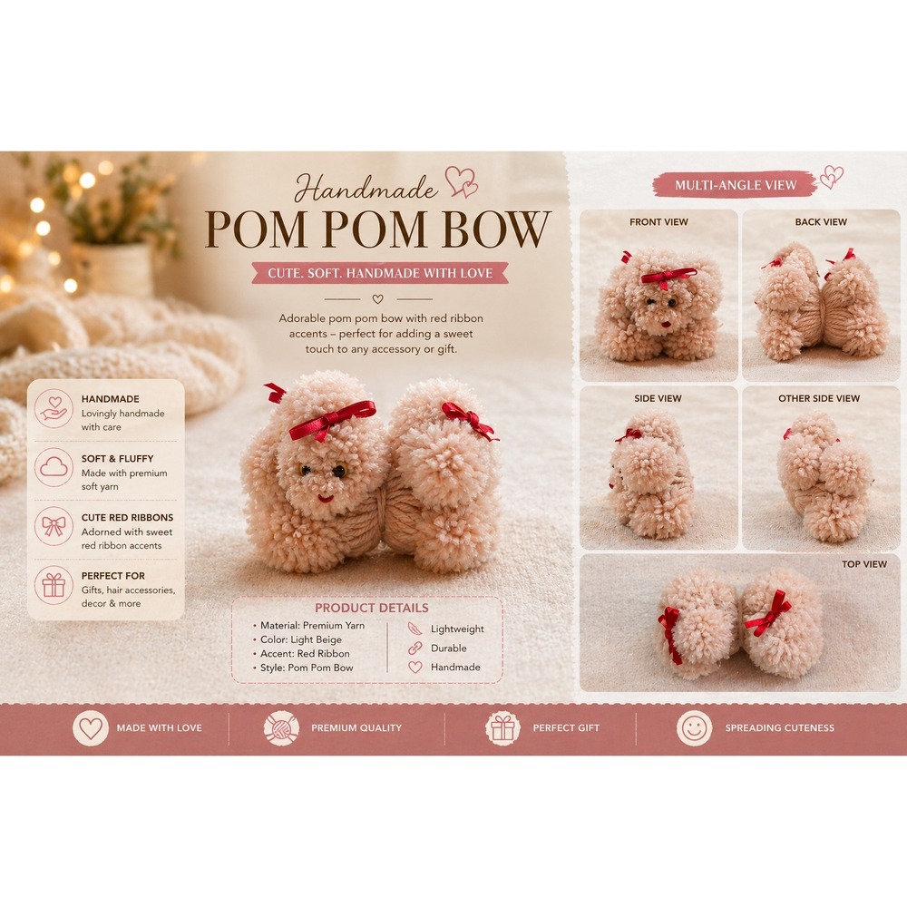Vintage Handmade Yarn Pom Pom Poodle Miniature Tan Dog Figurine‎ with Red Bows
